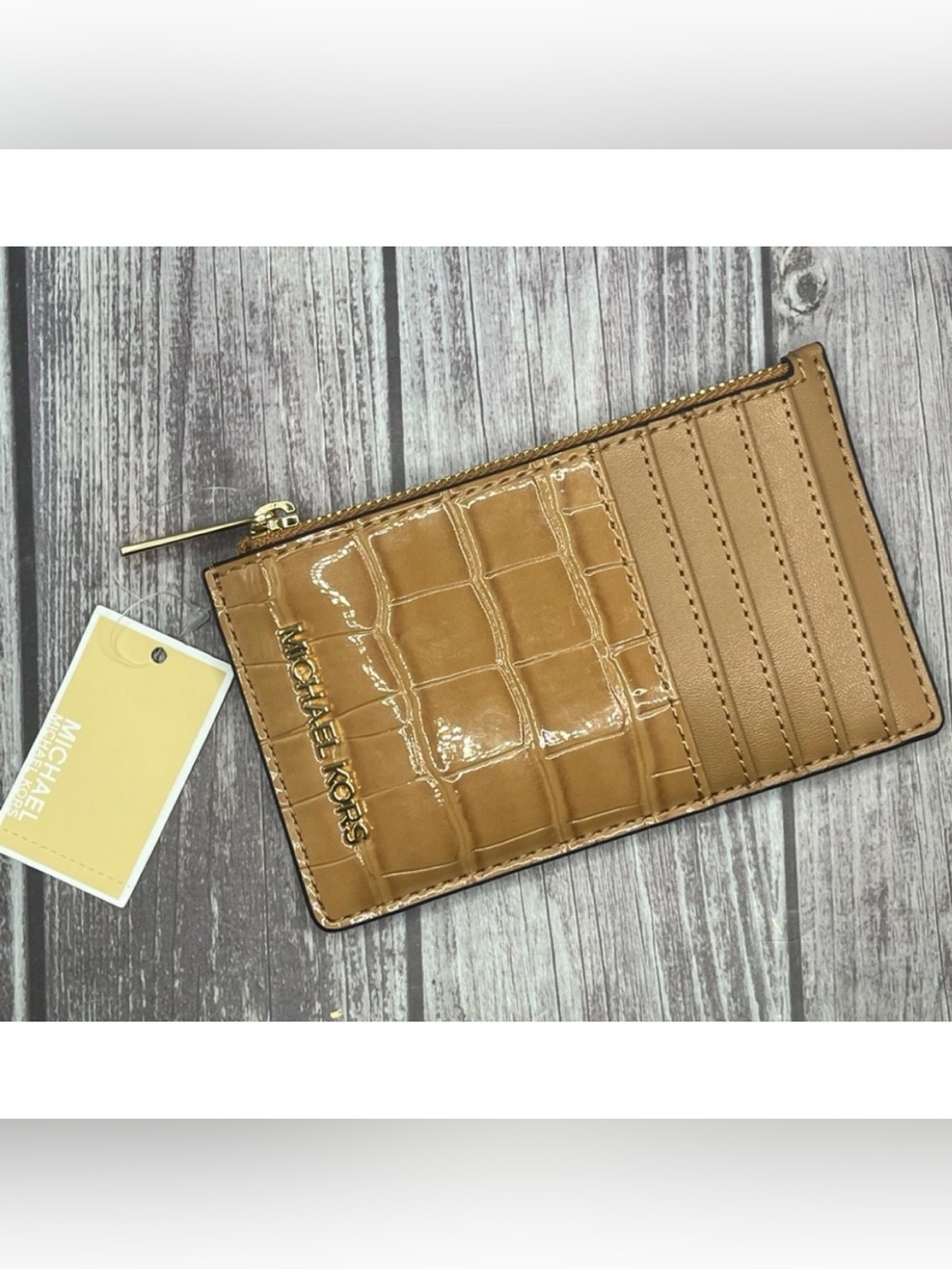 $228 NWT MICHAEL KORS Jet Set Travel Croc Leather Zip Card Wallet Camel Deer